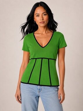Pointelle Green Viscose V-Neck Knit Top Black Contrast Trim Short Sleeve Women M
